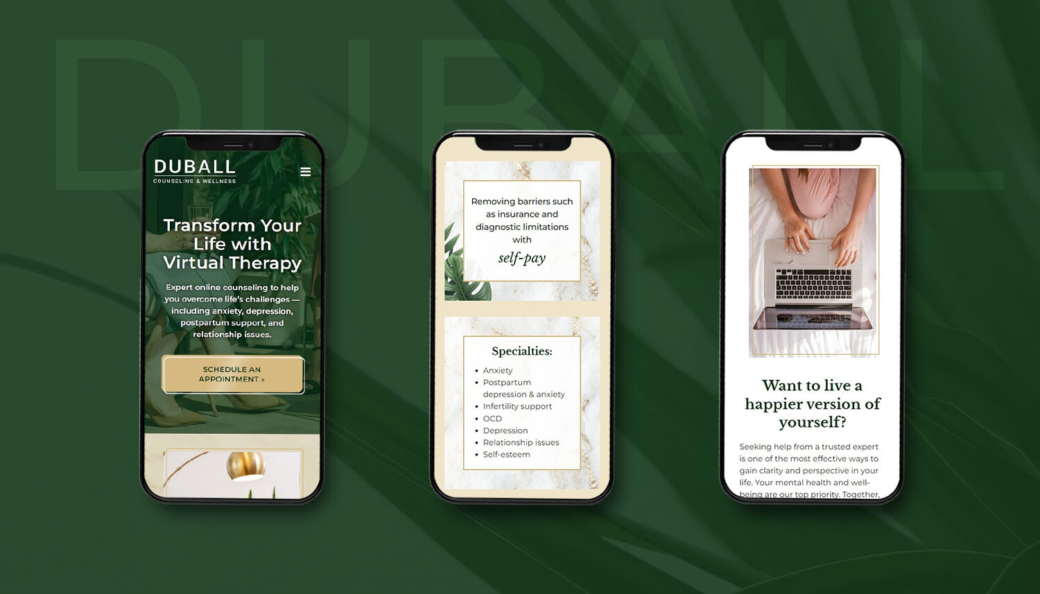 Different areas of website on mobile phones to illustrate the mobile friendly layout.