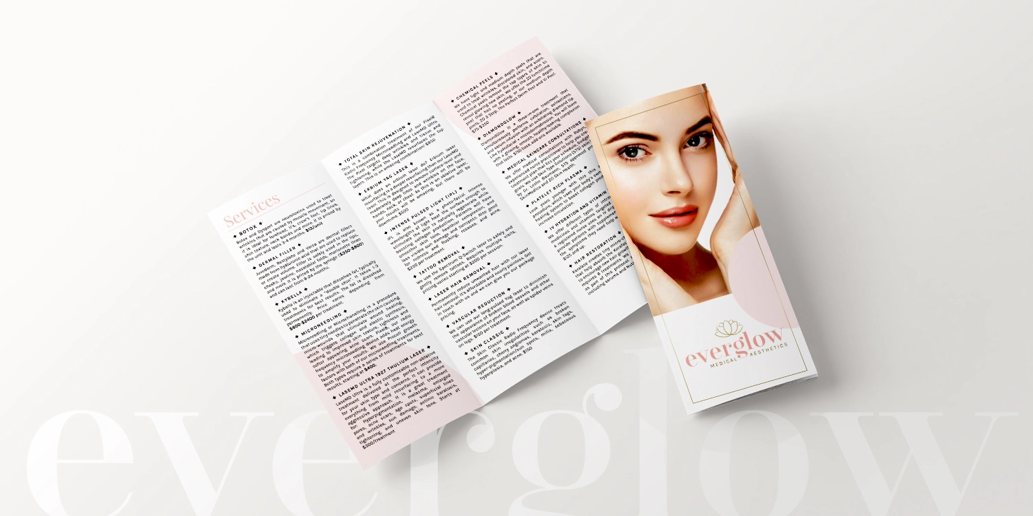 Inside and front panel view of a tri-fold brochure with photos of women's faces and the salon services.