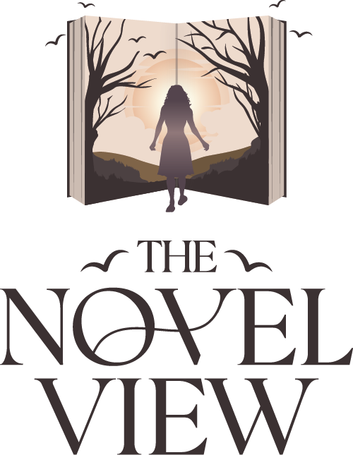 The Novel View logo shoes a silhouette of a woman walking toward a sunset through open book pages, surrounded by bare trees and flying birds. Below, the text reads "The Novel View" in elegant, bold letters.