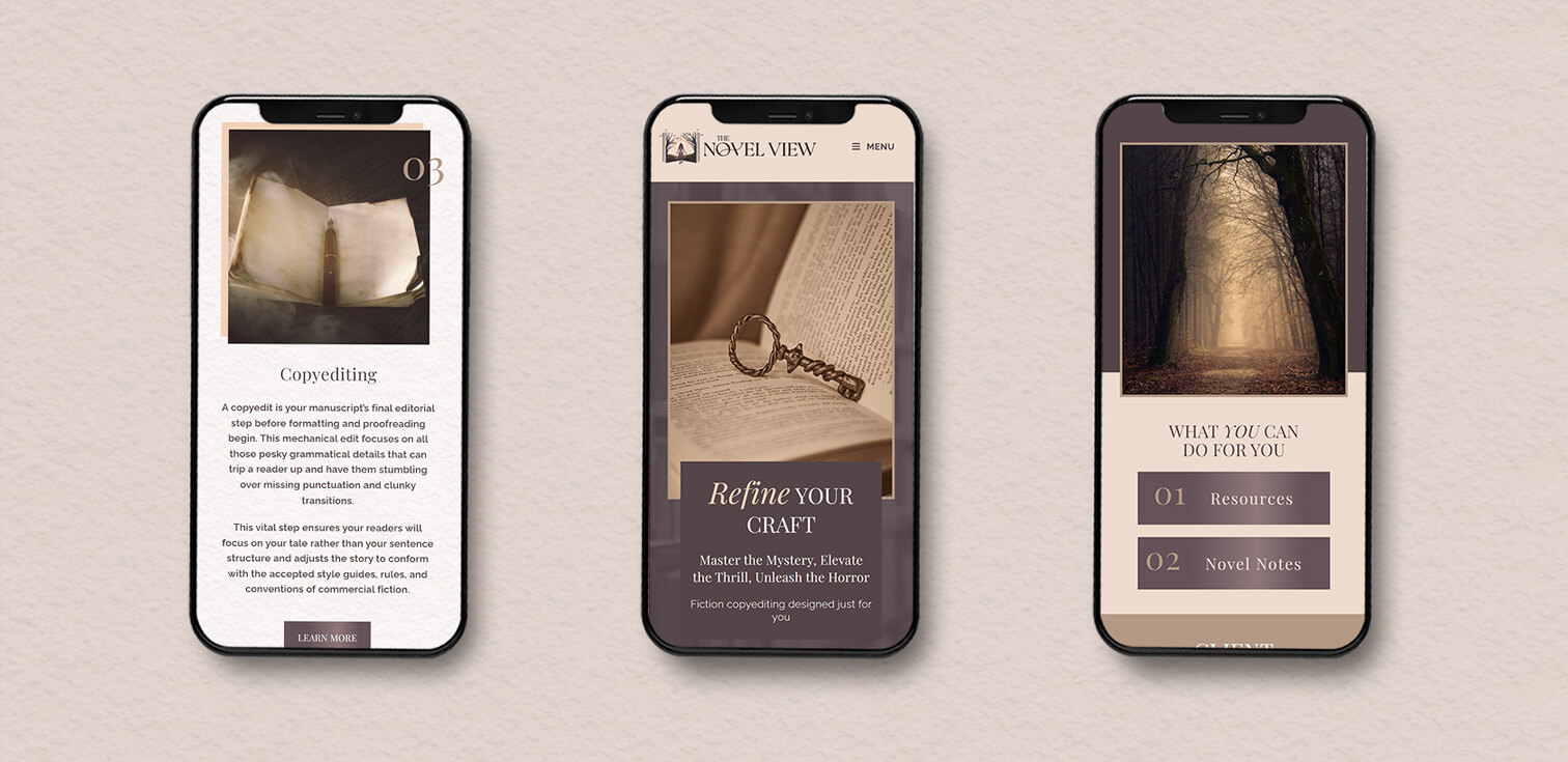 Three views of the website on smartphones to illustrate the responsive layout.