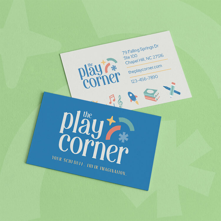 Custom business card, front and back sides, for The Play Corner featuring whimsical typography, a soft yet colorful blue, yellow, red, and green color palette, and playful educational illustrations.