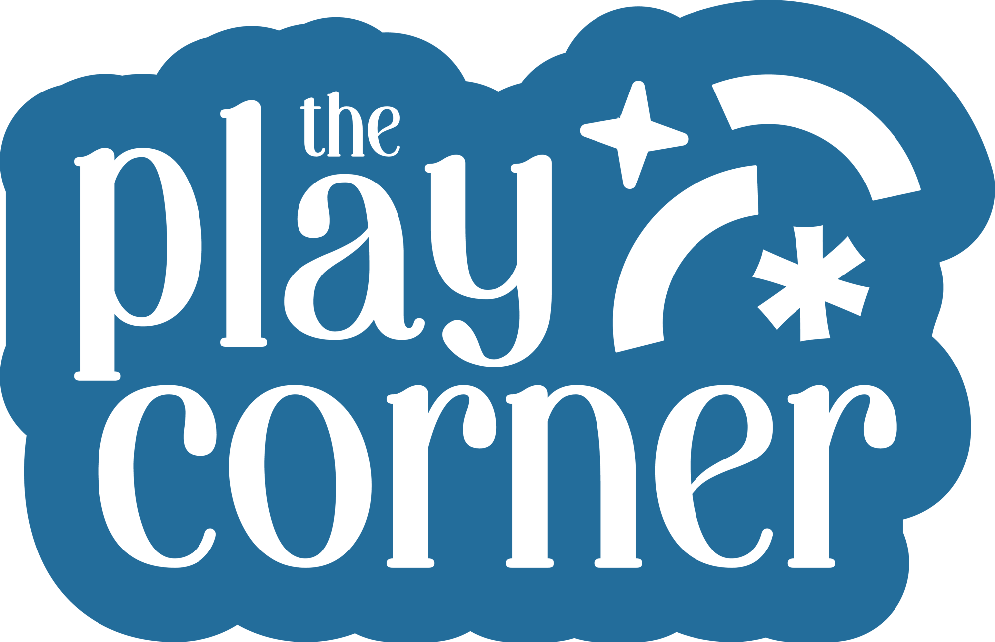 The play corner logo with little shapes in top left corner, all in white.