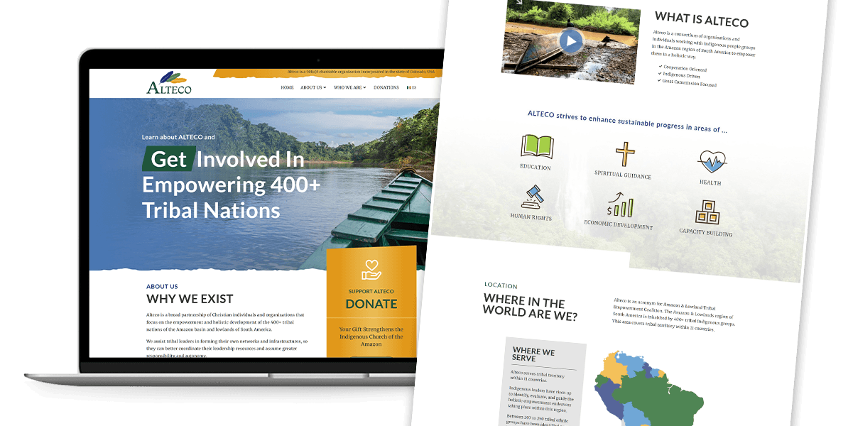 A laptop display of the ALTECO non-profit website showing vibrant nature imagery with a river and lush greenery. Text highlights the organization's mission to empower over 400 tribal nations, with options to learn more or donate.