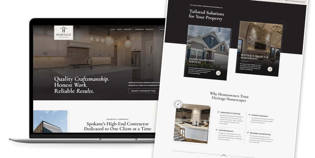 A laptop showing a contractor's website with a kitchen. heading text, and a consult button . Nearby, a webpage displays more services.