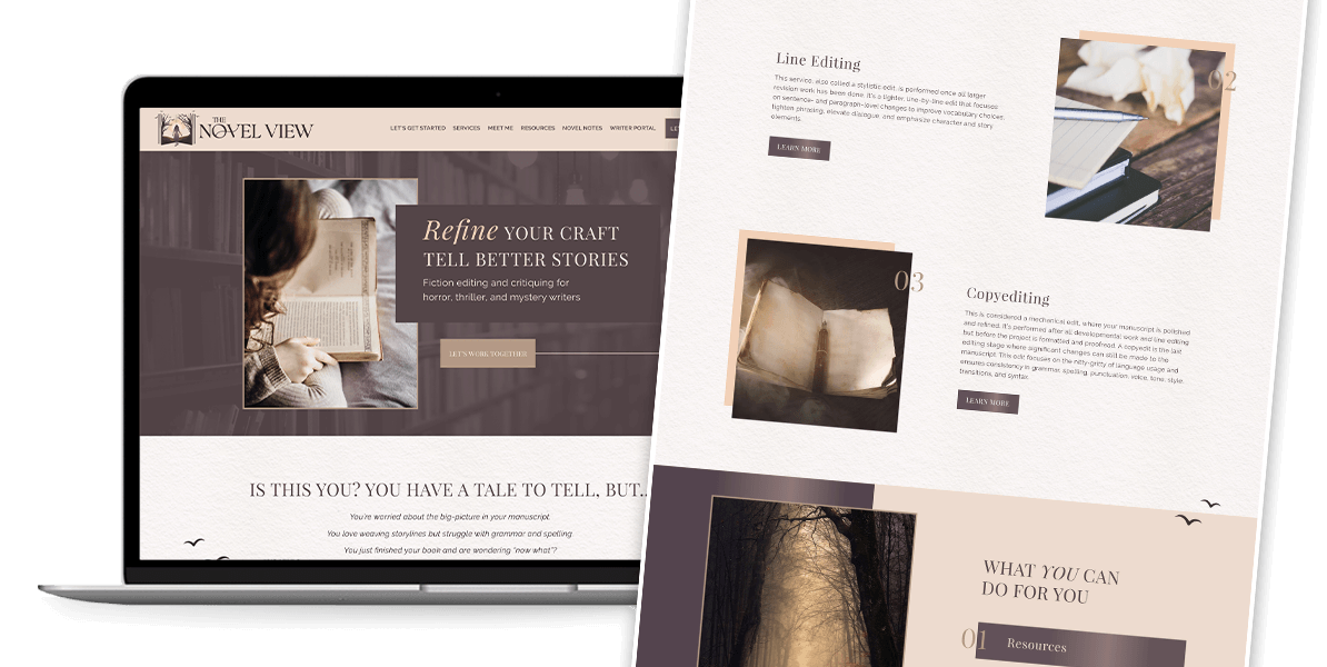 A laptop display of the novel view website a vintage key on a book with different services highlighted with buttons to learn more.