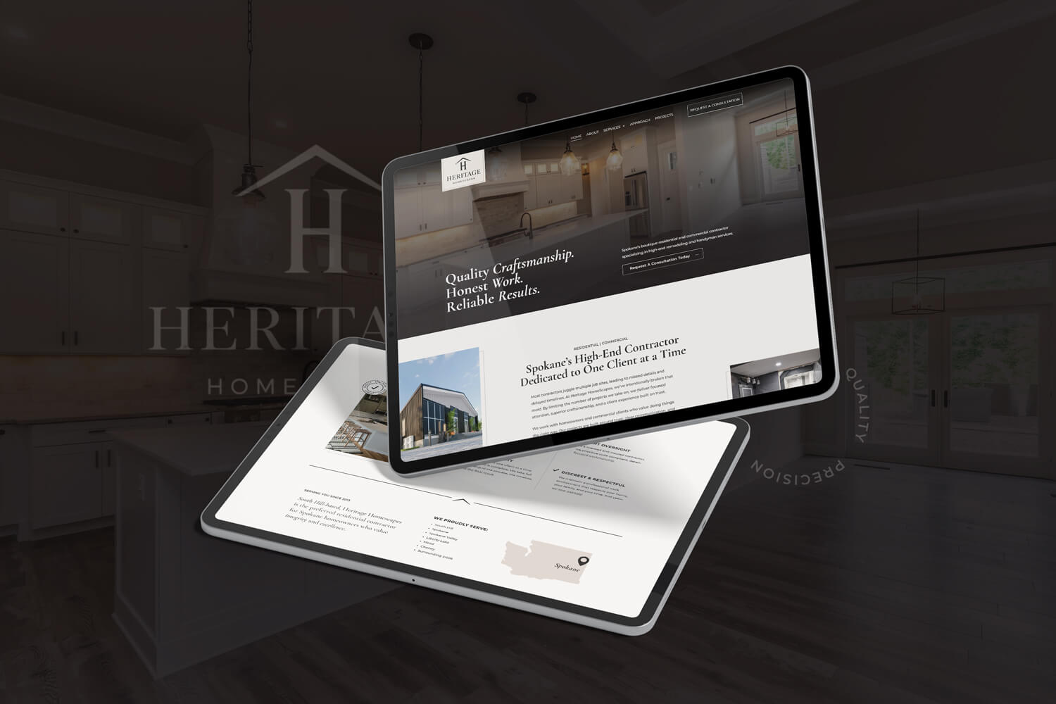 Two tablets displaying the contractor website with a warm black background. The screens show different sections of the home page.