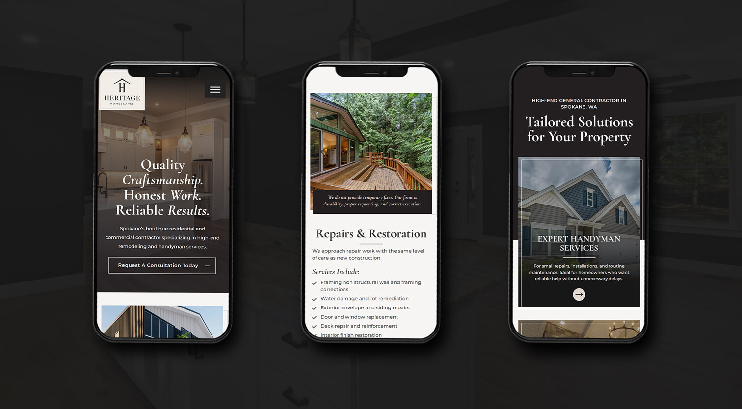 Three views of the website on smartphones to illustrate the responsive layout.
